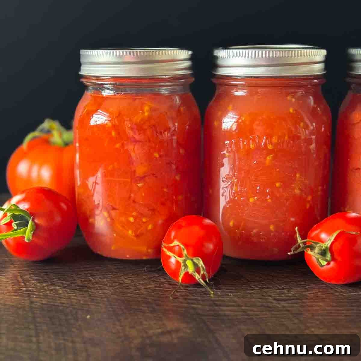 Jars filled with homemade canned tomatoes on a wooden counter with fresh tomatoes beside them.