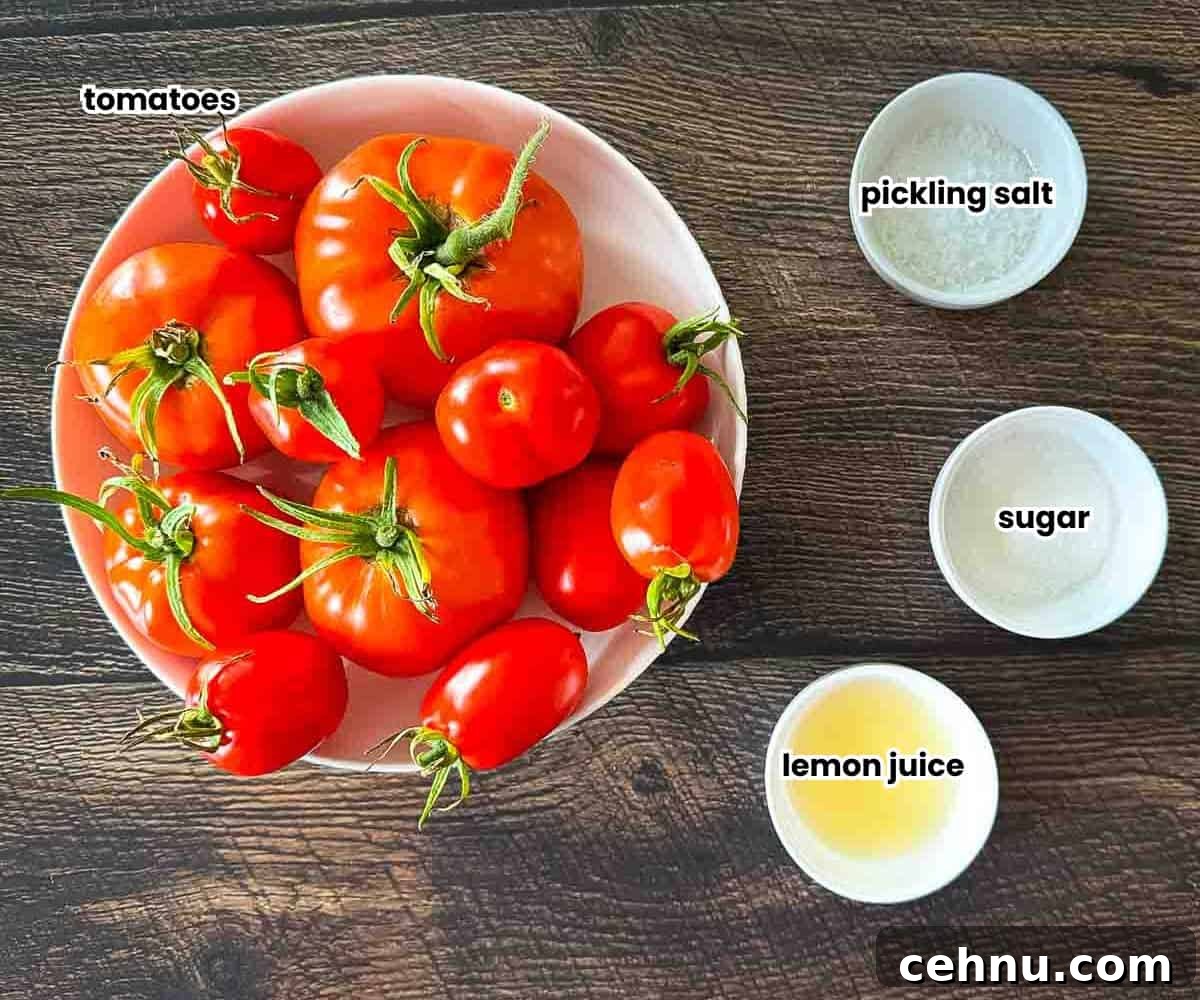 The ingredients for canned fresh tomatoes placed on a wooden table, including tomatoes, pickling salt, sugar, and lemon juice.
