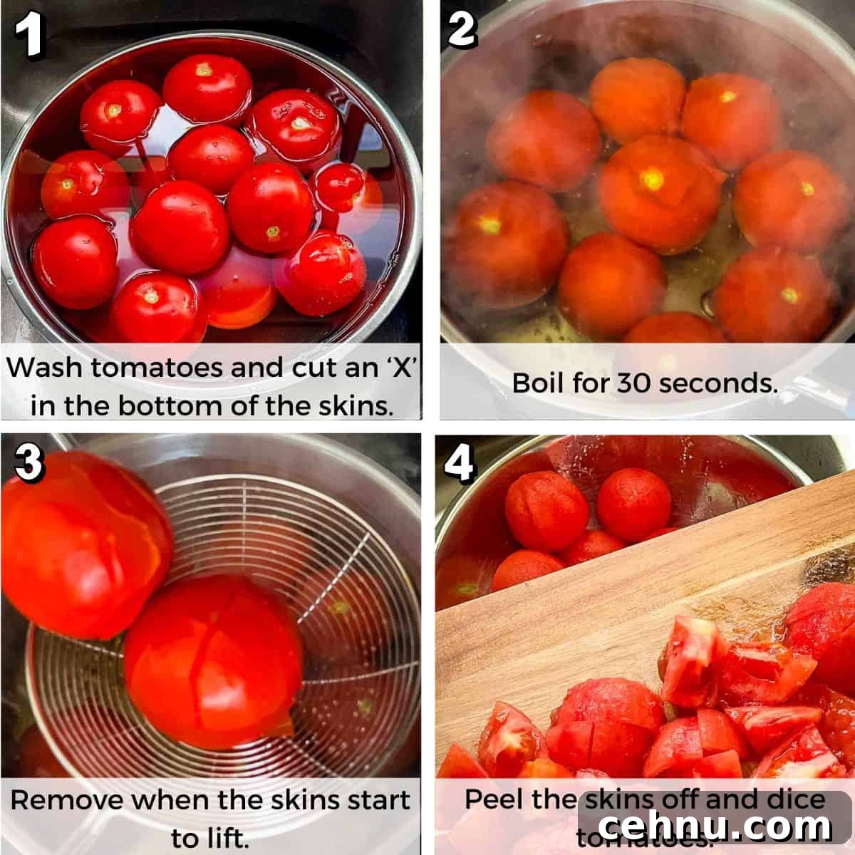 Labeled and numbered process shots for how to peel tomatoes before canning.