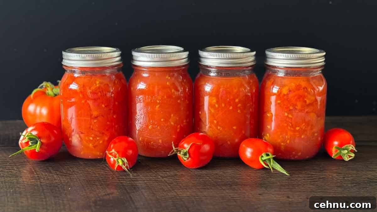 Four jars of canned tomatoes lined up beside each other on a wooden counter, with fresh tomatoes beside them.