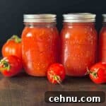 Jars filled with homemade canned tomatoes on a wooden counter with fresh tomatoes beside them.