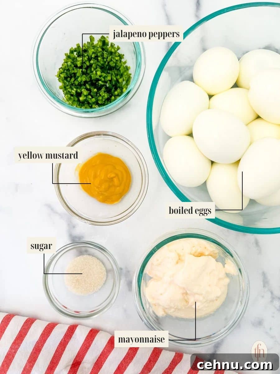 Labeled ingredient image for bacon jalapeno deviled egg recipe.
