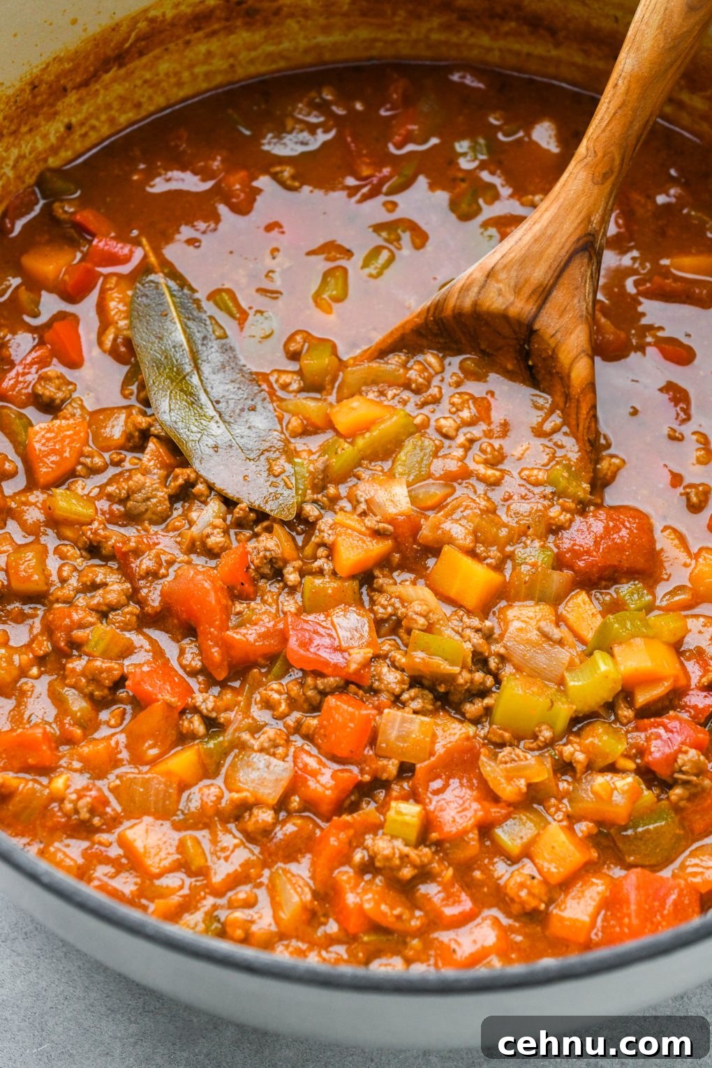 Close up of finished beanless Whole30 chili in a large soup pot.