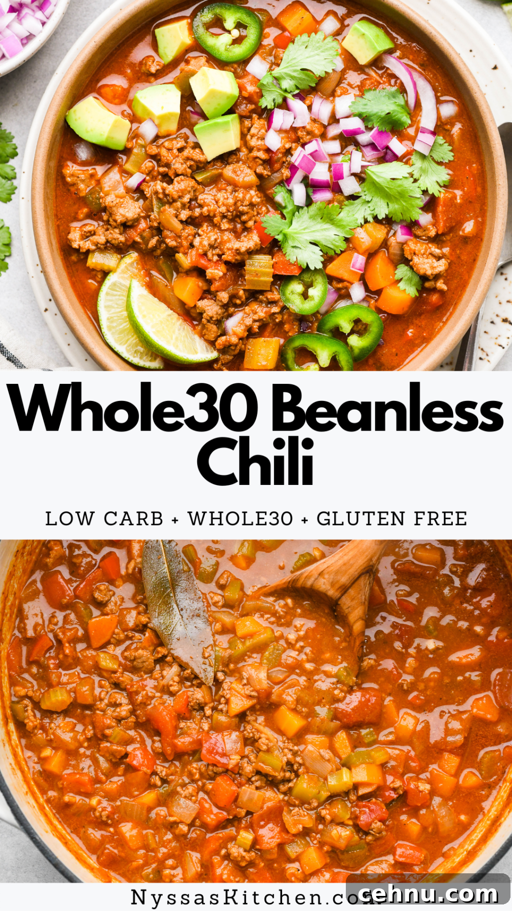 Pinterest image of colorful bowl of beanless Whole30 chili topped with avocado, red onion, cilantro, sliced jalapeño, and lime wedges.