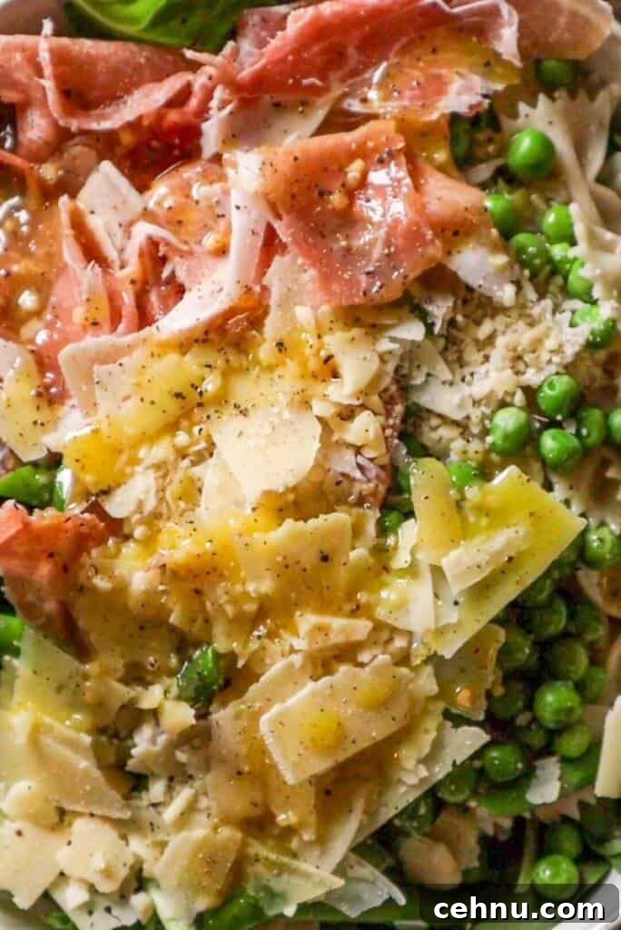 ingredients for spring pasta salad with prosciutto and honey lemon dressing