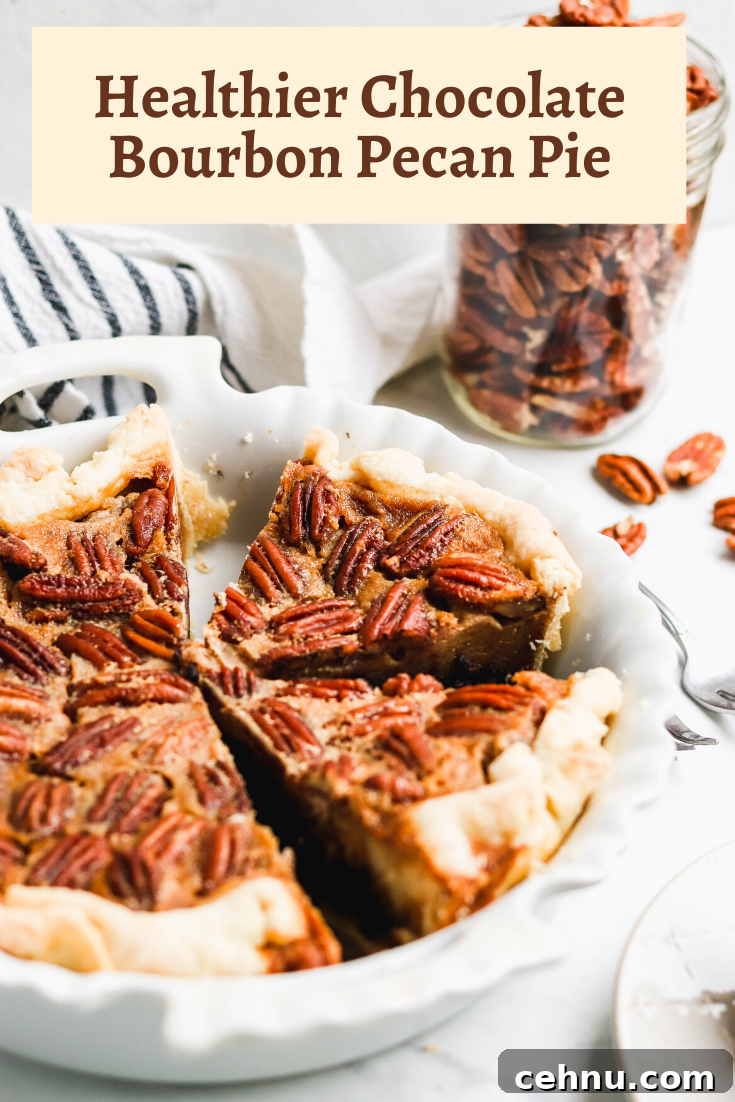 Healthier chocolate bourbon pecan pie is a lightened up version of classic pecan pie. Naturally sweetened with maple syrup and coconut sugar, this healthy pecan pie is perfect for Christmas or Thanksgiving. #pecanpie #dessert #pie