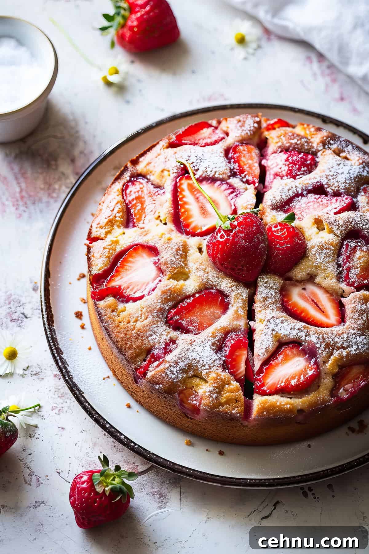 Easy strawberry cake on a white plate with icing sugar.