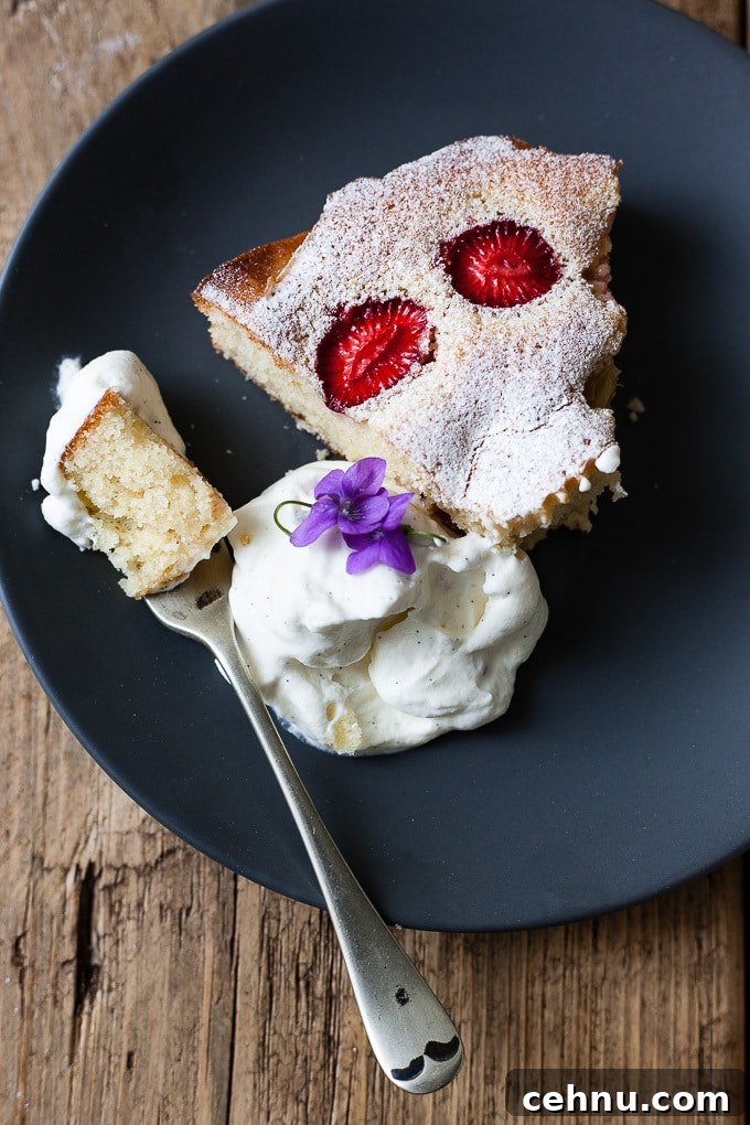 Slice of strawberry rhubarb cake.