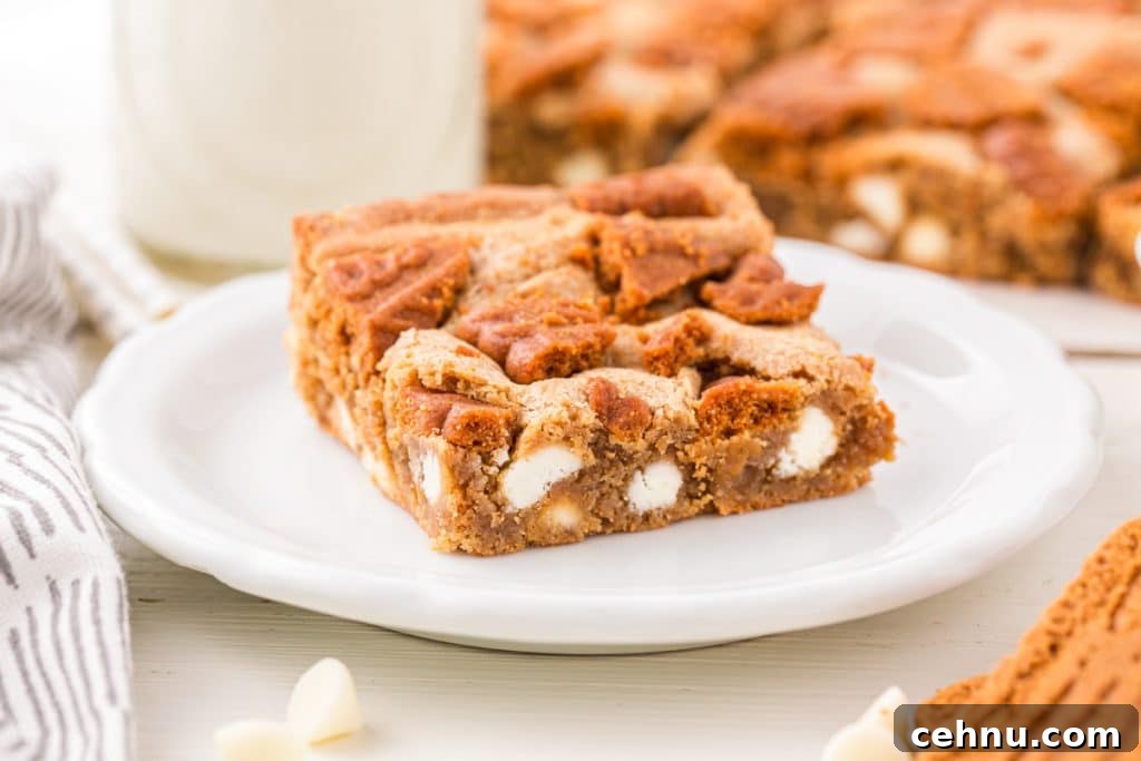 A biscoff blondie filled with white chocolate chips.