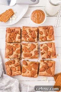 Biscoff blondies cut into squares, topped with biscoff cookies.