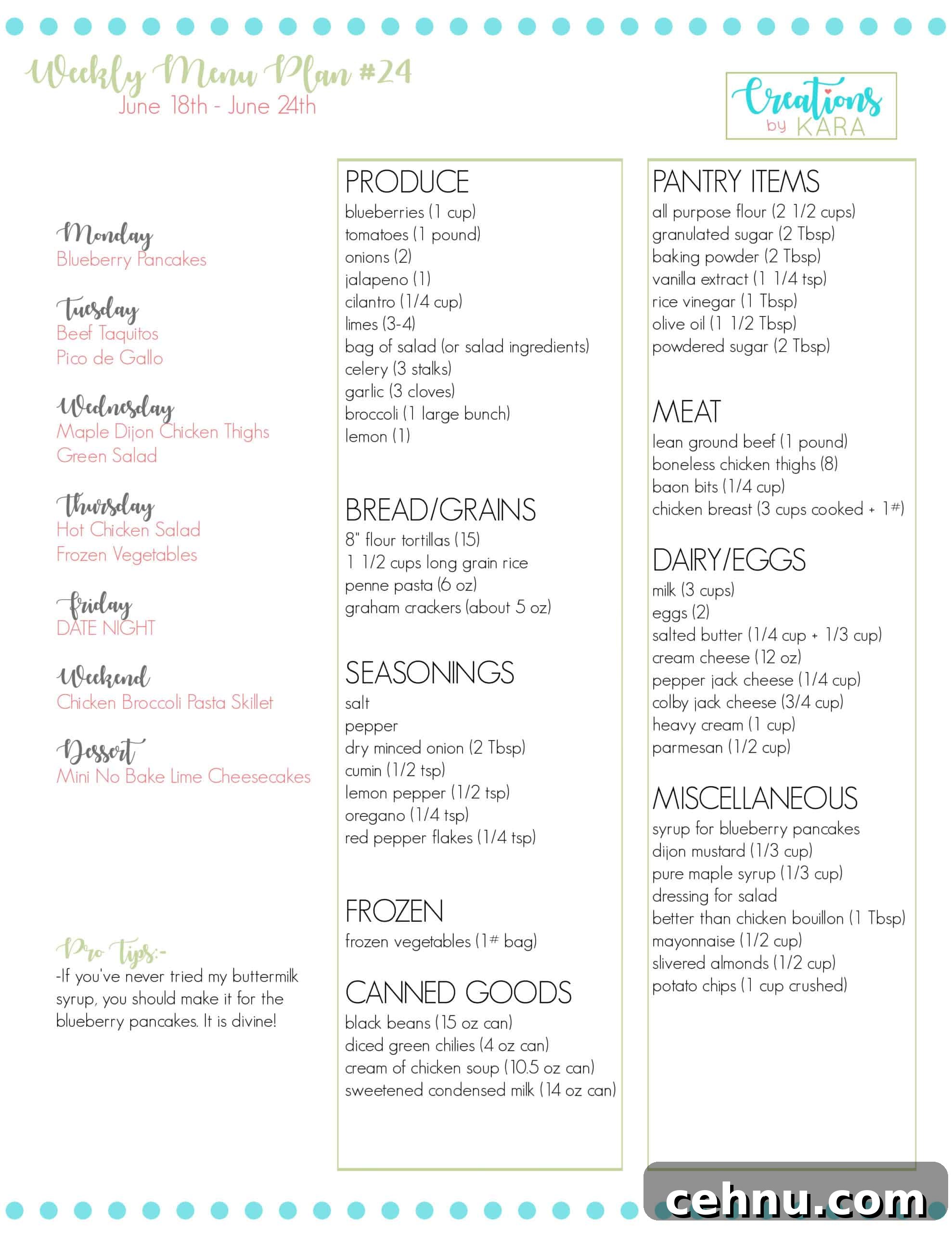 weekly meal plan #24 grocery list
