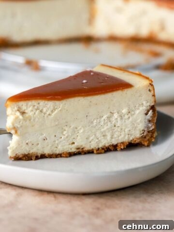 Brown butter cheesecake topped with caramel sauce