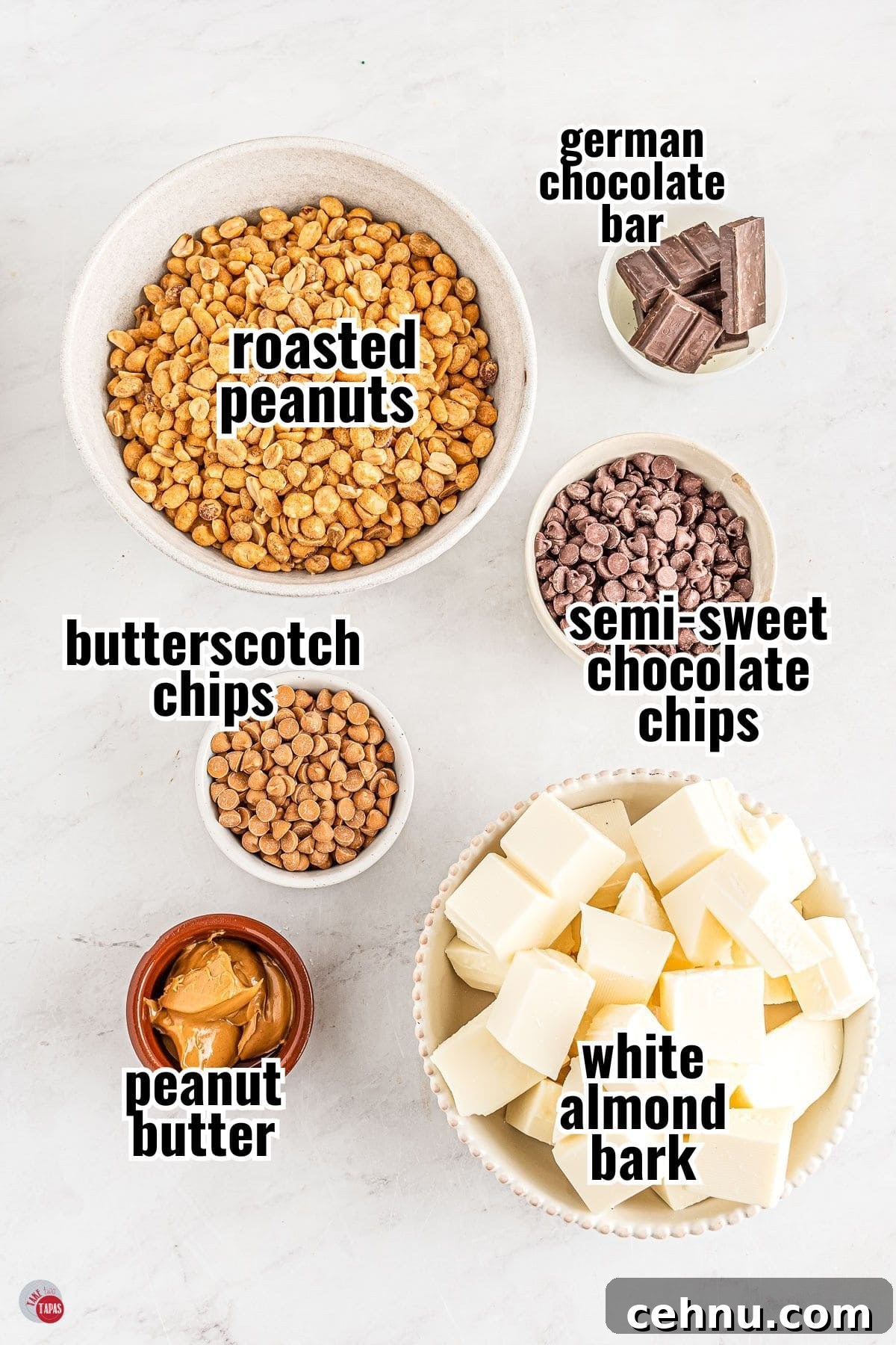 Slow Cooker Peanut Clusters: No-Bake Candy Recipe 3 ingredients for peanut clusters recipe in individual bowls with text overlay labeling them