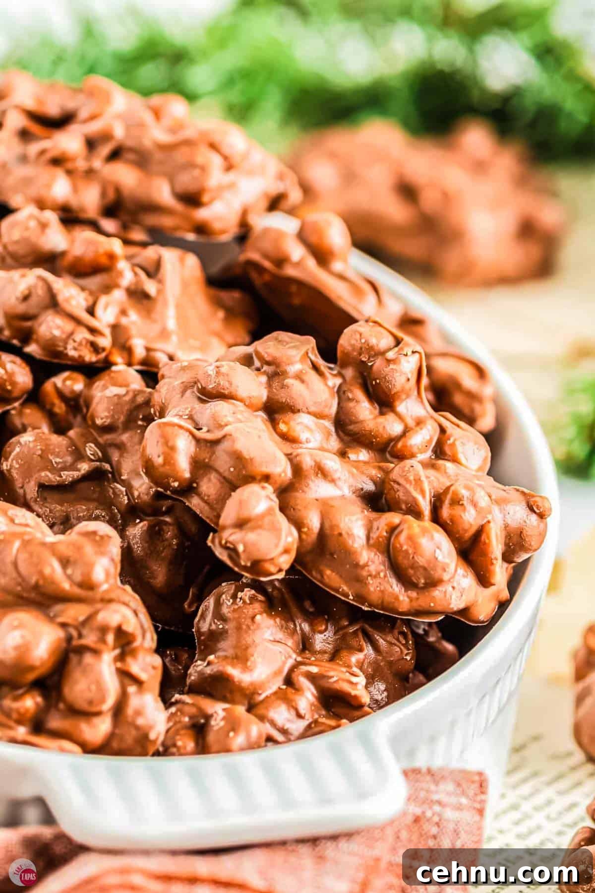 Slow Cooker Peanut Clusters: No-Bake Candy Recipe 8 close up of white bowl with chocolate peanut clusters