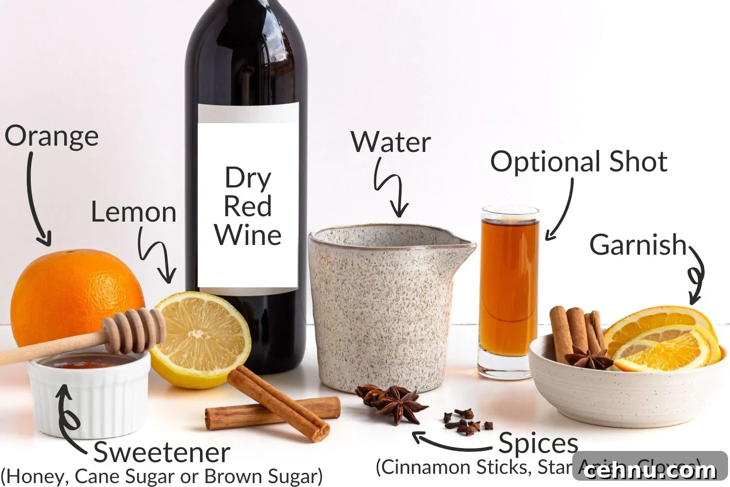 Glühwein: Traditional German Mulled Wine Recipe 4 Labelled photo of ingredients needed to make Gluhwein.