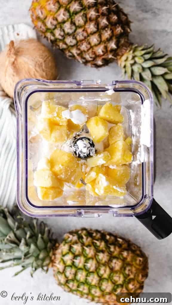 Top down view of pineapple and coconut milk in a blender.