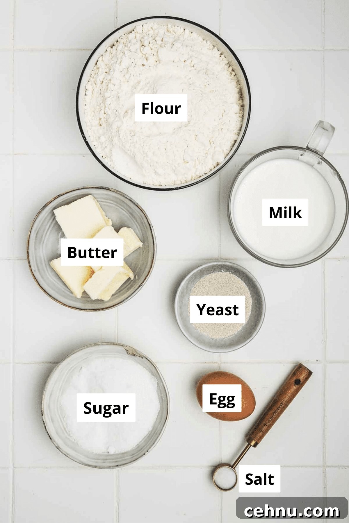 bowls with brioche dough ingredients for cinnamon rolls