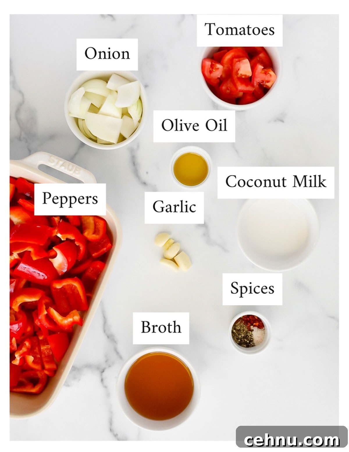 Labeled ingredients on a marble surface including: tomatoes, onion, olive oil, coconut milk, garlic, peppers, spices, and broth