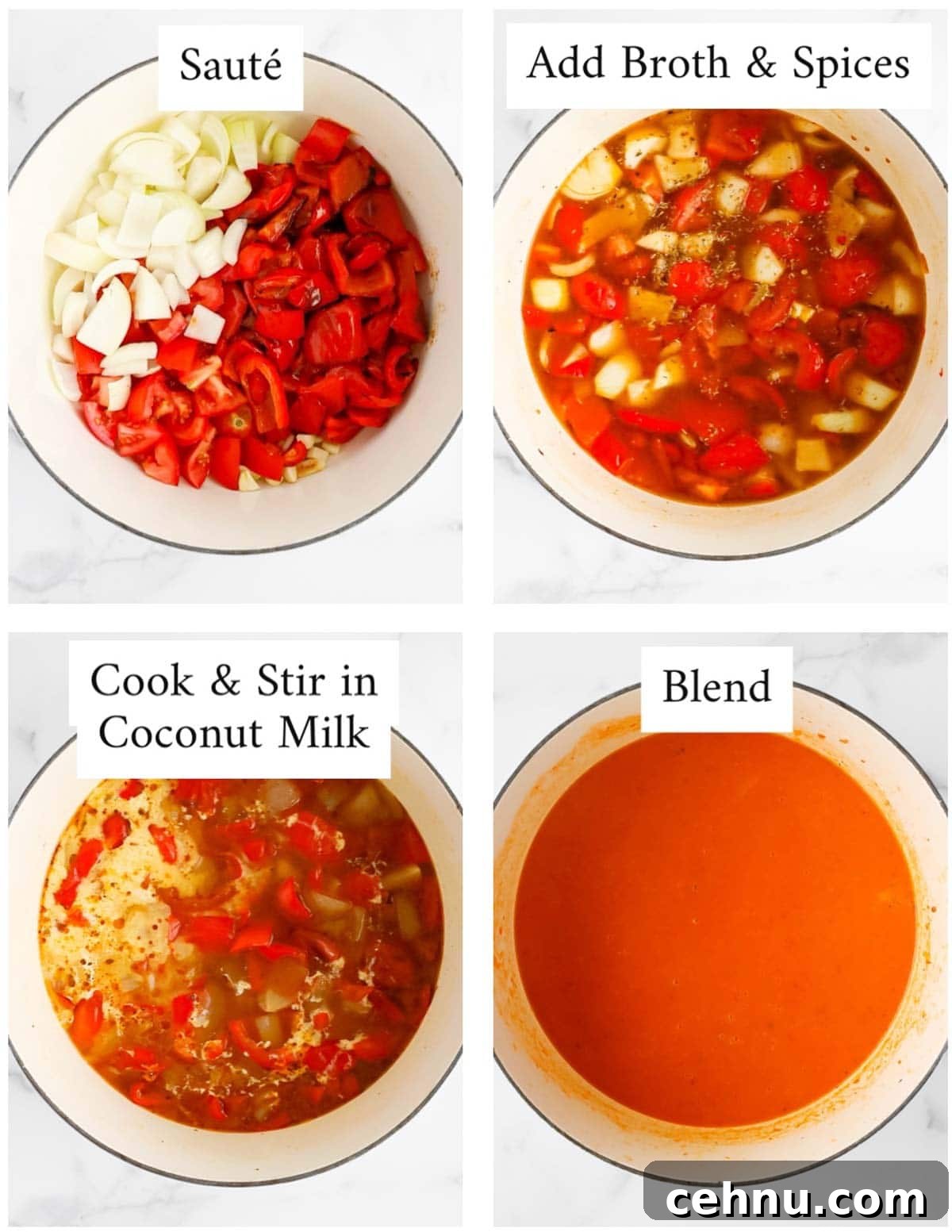 Collage showing stages of making the soup: sautéing, adding broth, stirring in coconut milk, and blending