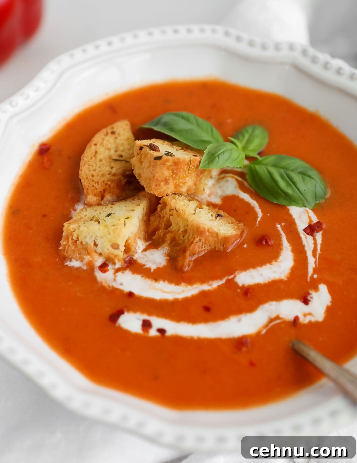A close up image of creamy red soup in a white bowl. On top of the soup there are four croutons, basil leaves, white coconut milk, and crushed red pepper flakes.