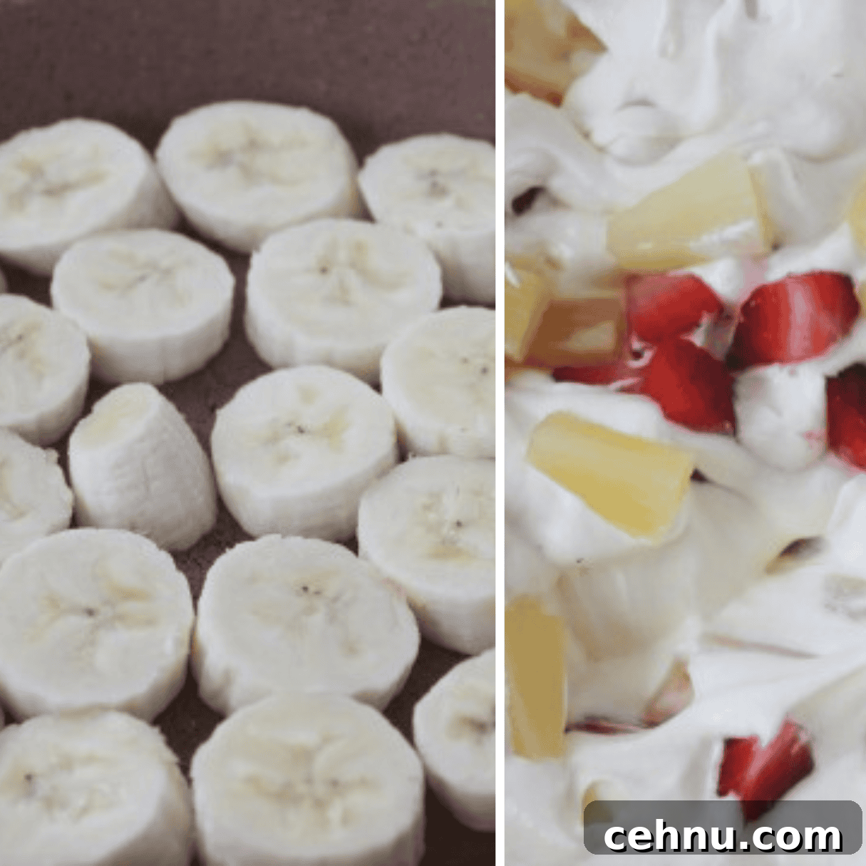 No-Bake Banana Split Pie Recipe 4 a collage showing bananas layered in a chocolate pie crust and a Cool Whip strawberry pineapple mixture.