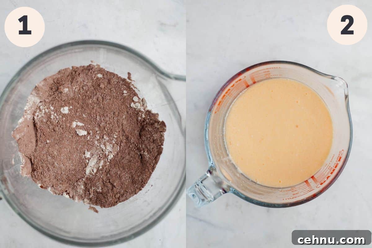 Moist Nutella Filled Chocolate Cake Recipe 5 Steps 1 and 2 in the Nutella filled cake baking process.