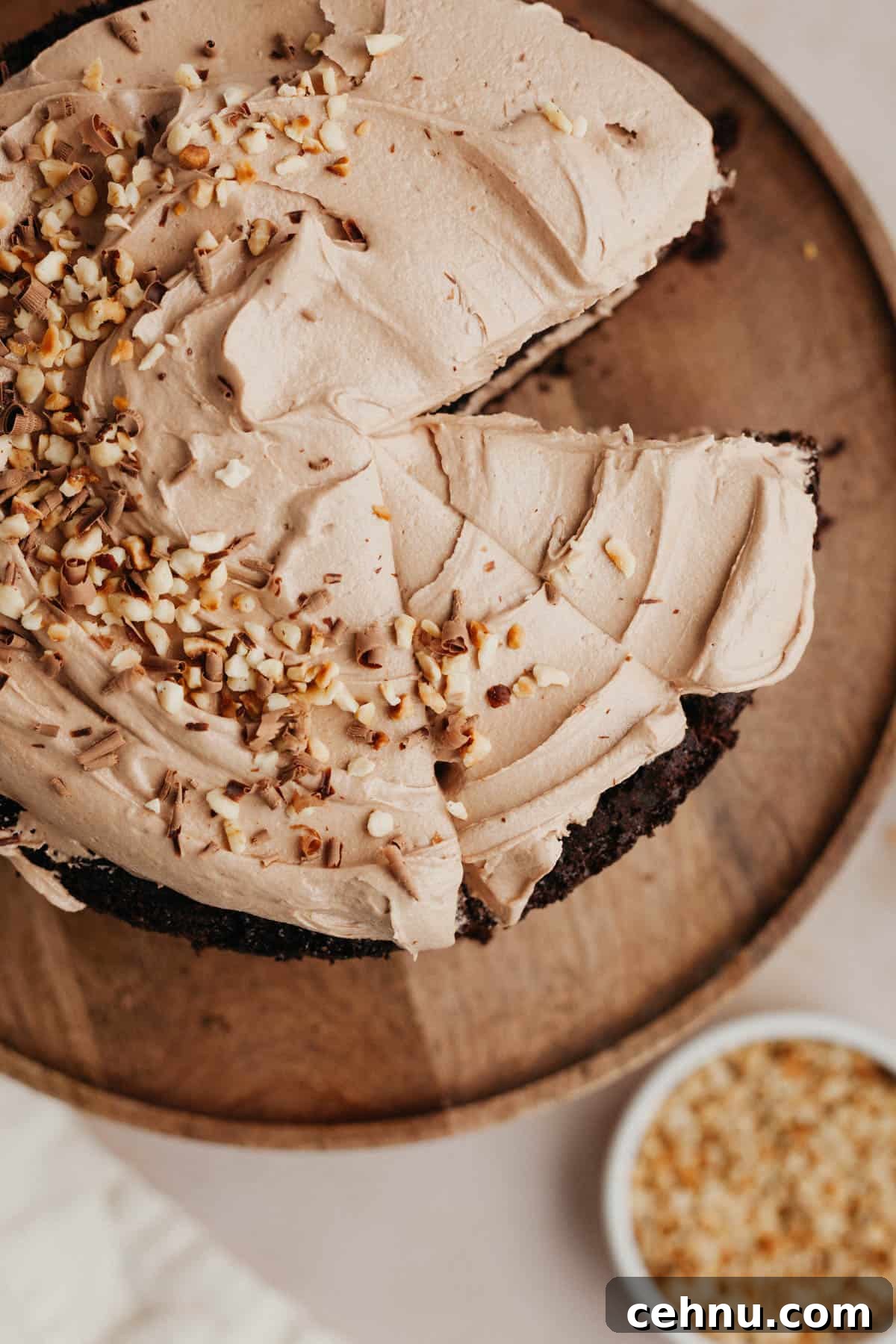 Moist Nutella Filled Chocolate Cake Recipe 8 An overhead shot of a cake covered in light brown frosting and chopped hazelnuts. Some slices have been cut.