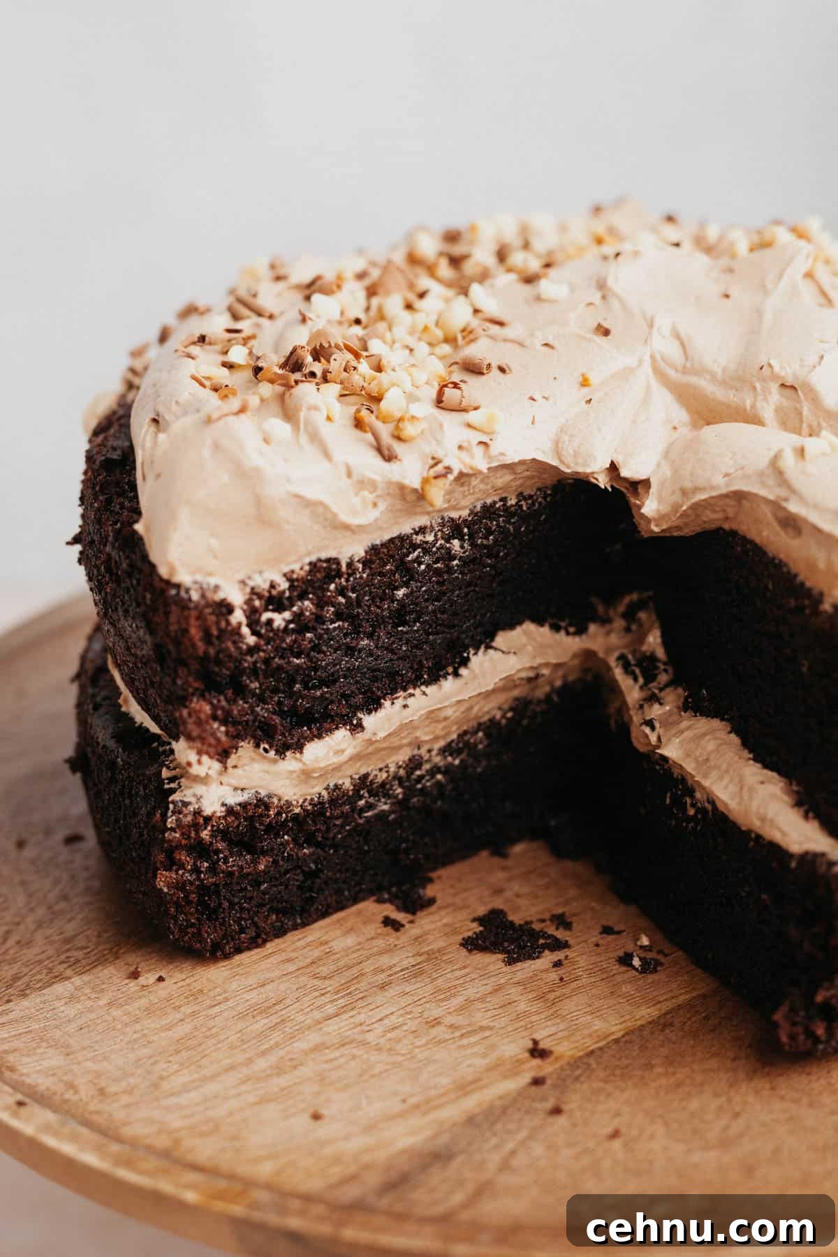 Moist Nutella Filled Chocolate Cake Recipe 9 A two layer chocolate Nutella cake on a wooden cake stand, the cake has been cut so you can see inside.