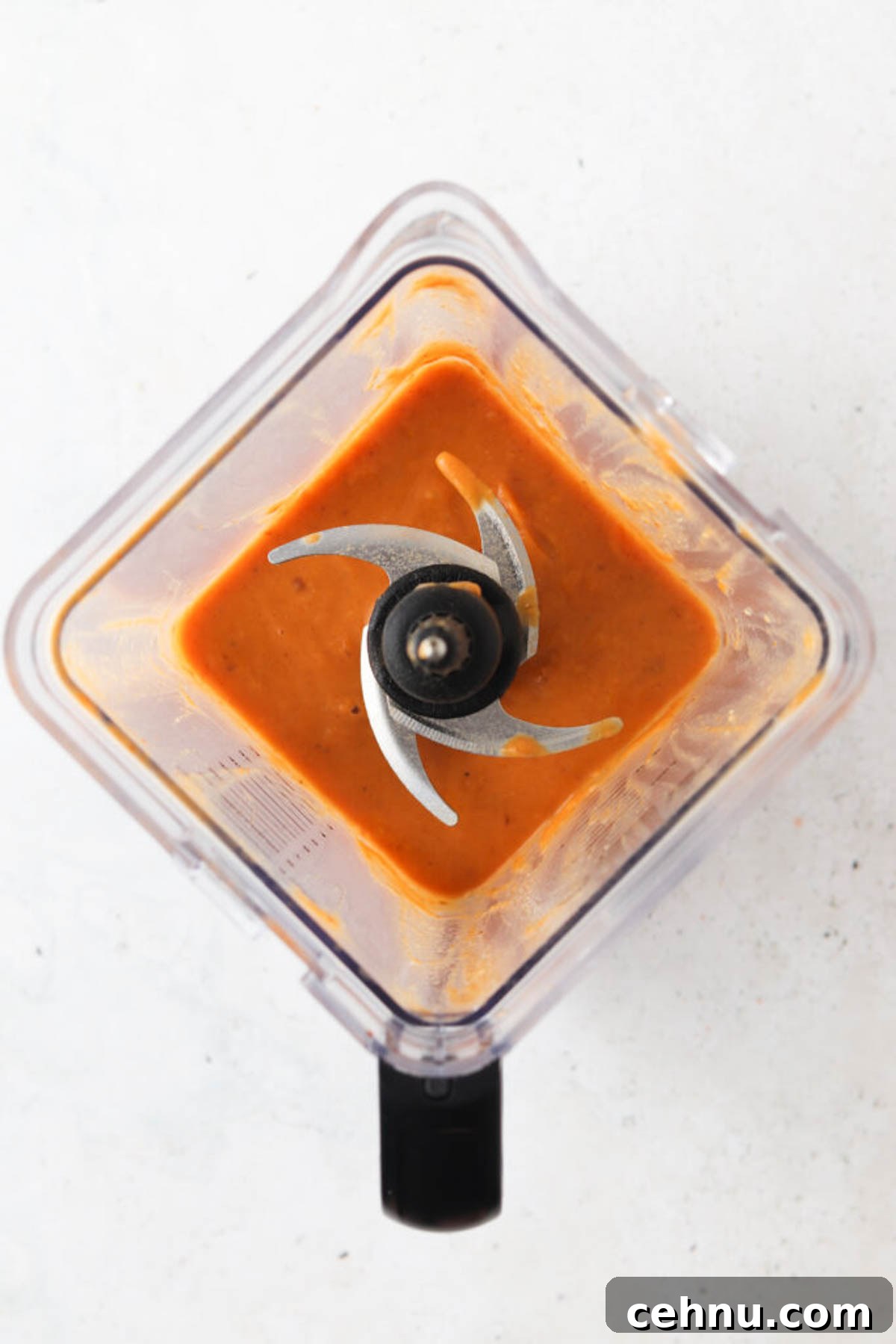 Dairy free pumpkin spice smoothie ingredients blended together in a blender base.