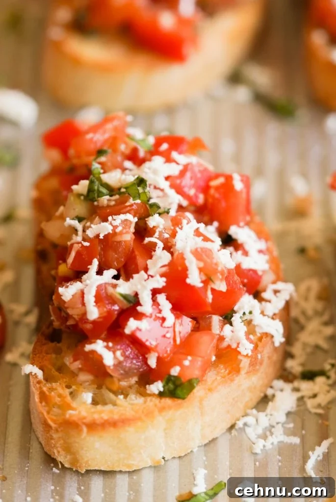close up shot of a slice of tomato goat cheese bruschetta on a baking sheet