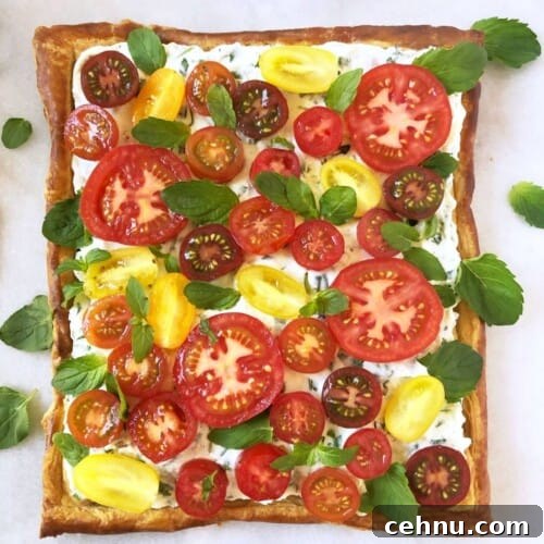 puff pastry appetizer tomato tart with ricotta cheese and herbs for brunch or side dish.