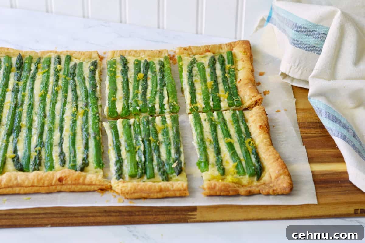 Savory Asparagus and Cheese Tart Recipe 9 rectangle of asparagus puff pastry cut and ready to serve.