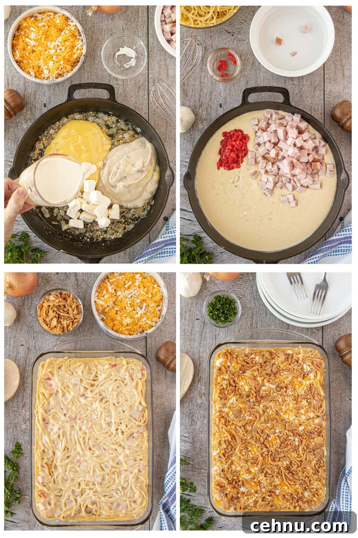 Collage of images showing how to make ham tetrazzini.