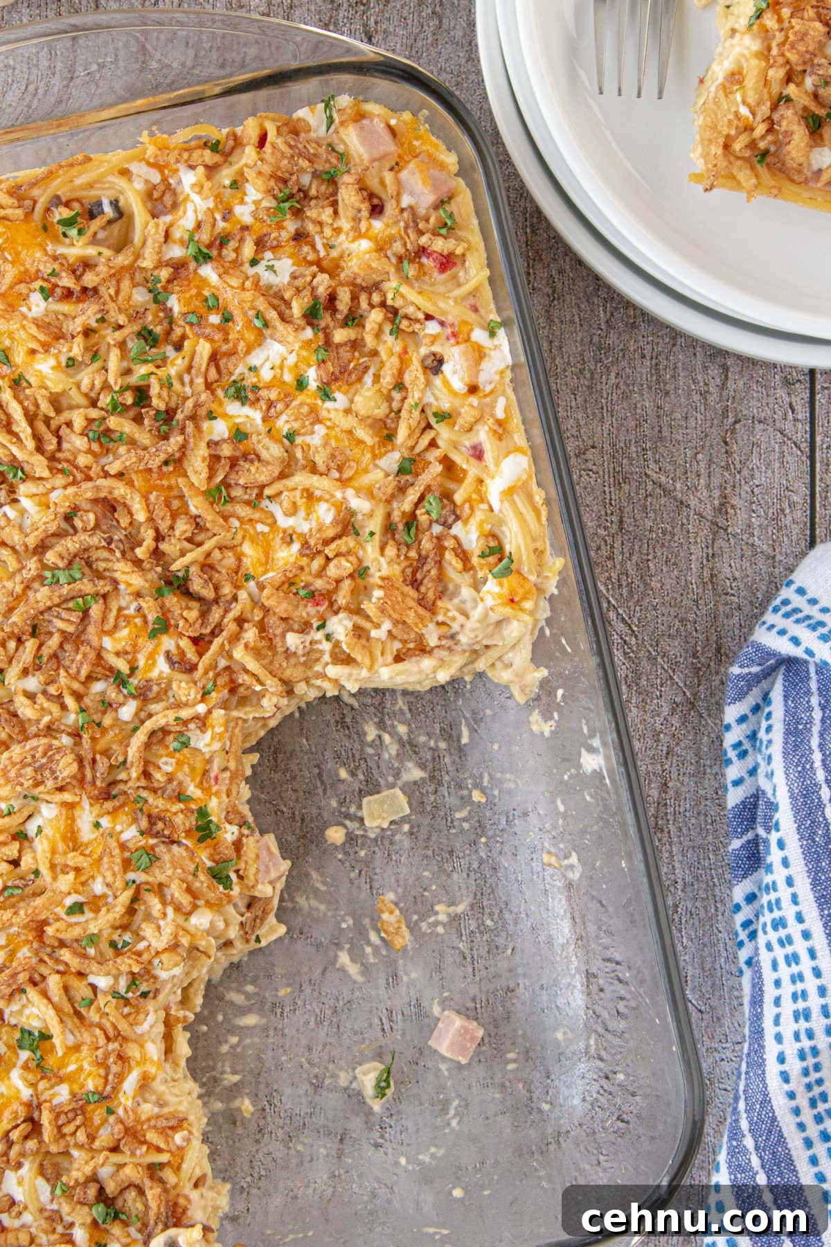 A casserole dish with the tetrazzini in it.