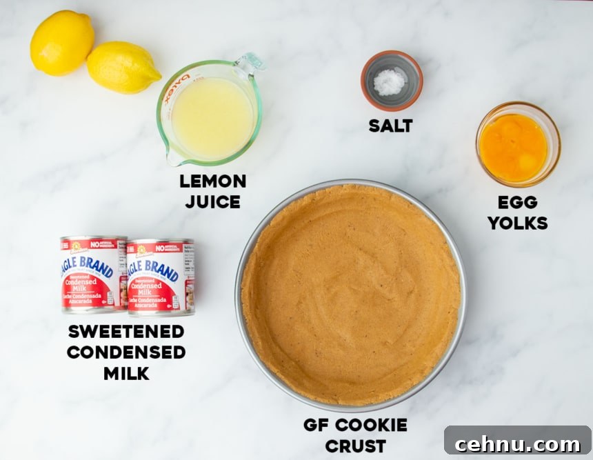 Labeled ingredients laid out for lemon pie, including lemon juice, sweetened condensed milk, egg yolks, salt, and a gluten free cookie crust