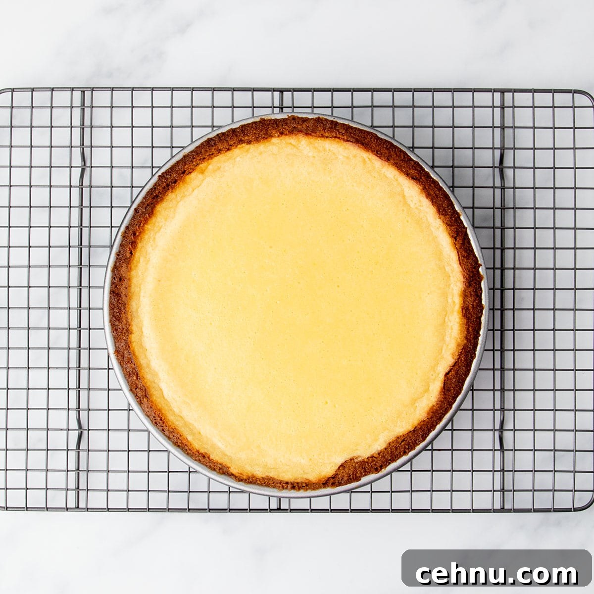 Fully baked lemon pie cooling on a wire rack, with a lightly golden top and crisp crust edges.