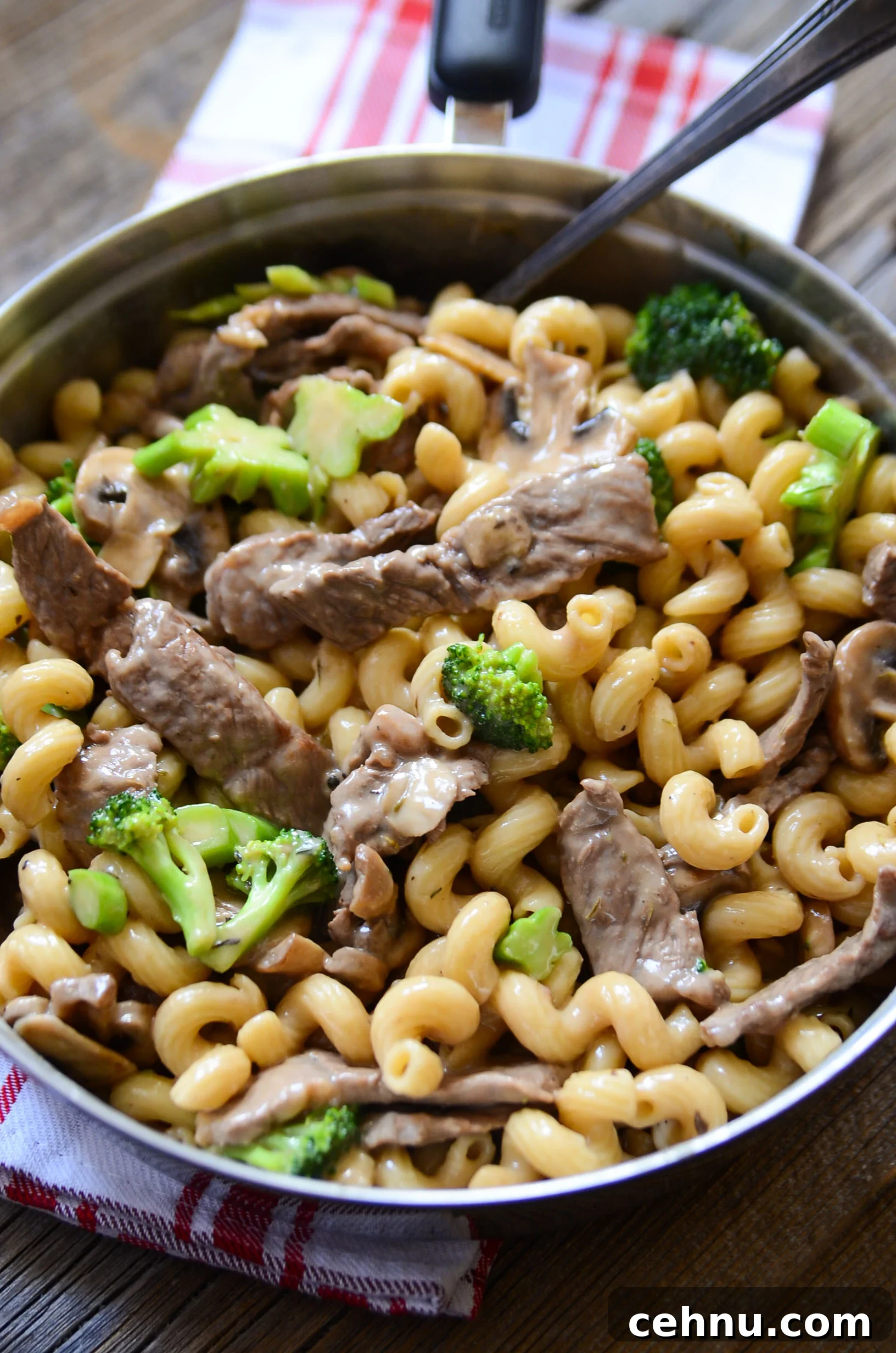 Creamy pasta dinner with beef and broccoli