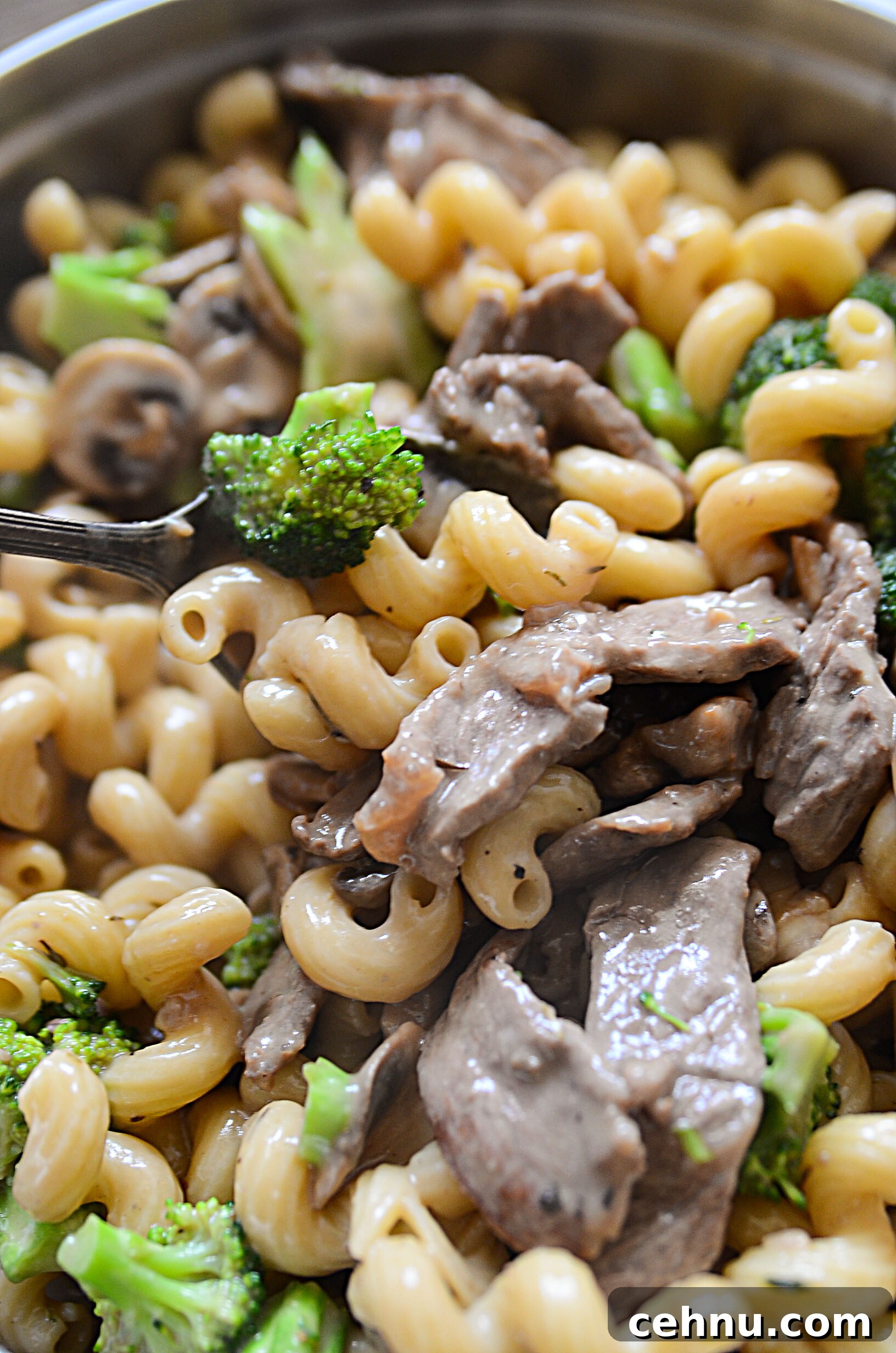 Family-style beef mushroom broccoli pasta