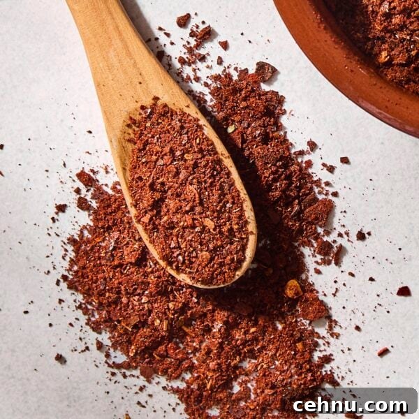 Concrete surface with homemade chili powder with reddish color on a spoon.
