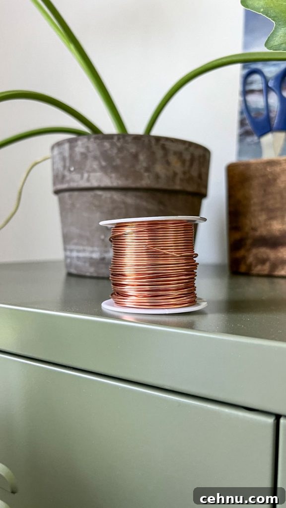 Spool of copper craft wire sitting in front of a plant.