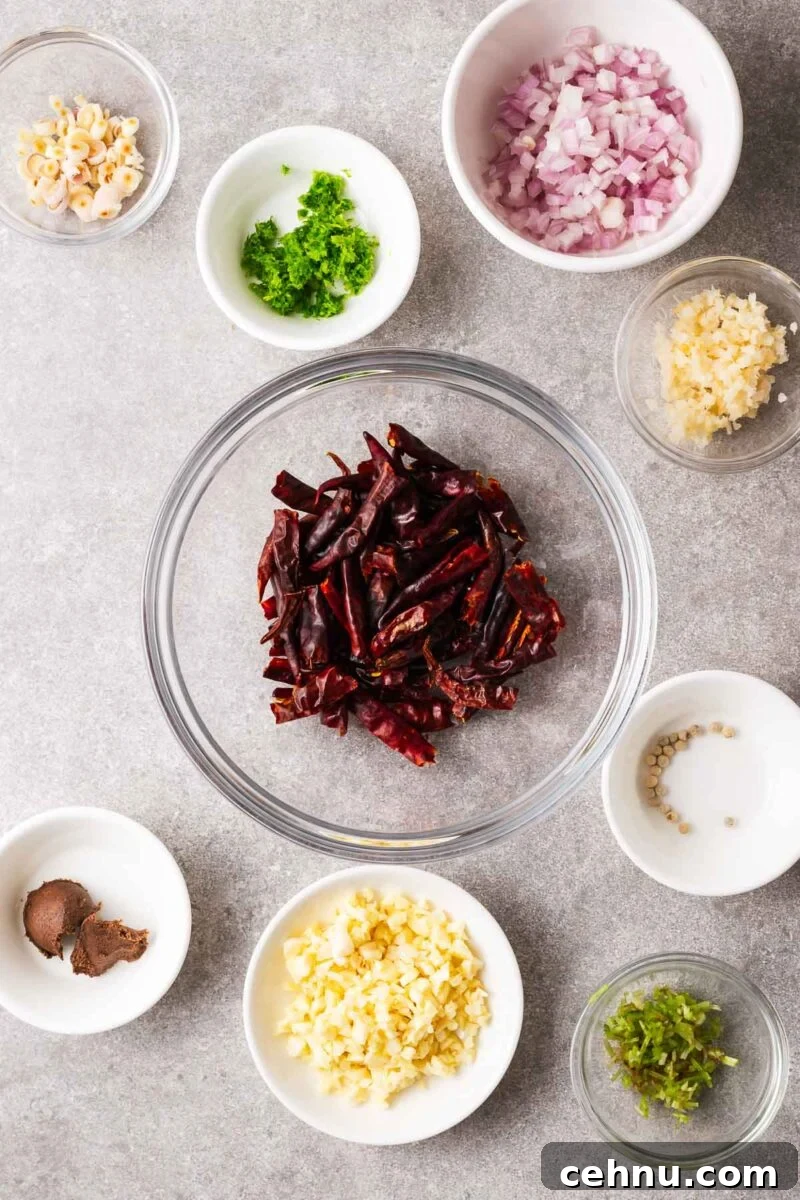 Finely diced ingredients for red curry paste.