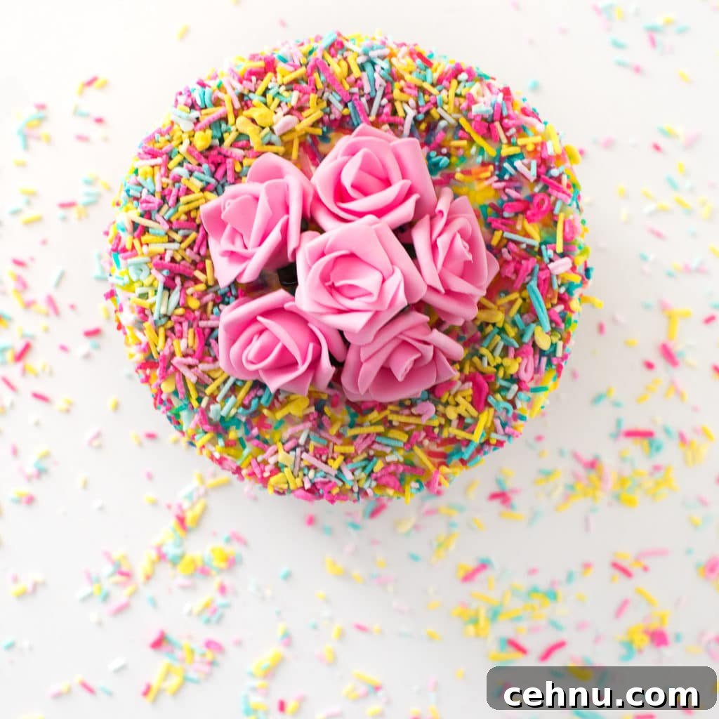 How to Make Sugar-Free Sprinkles for Low-Carb Baking 2 Top down view of a colourful cake covered in sprinkles and pink roses