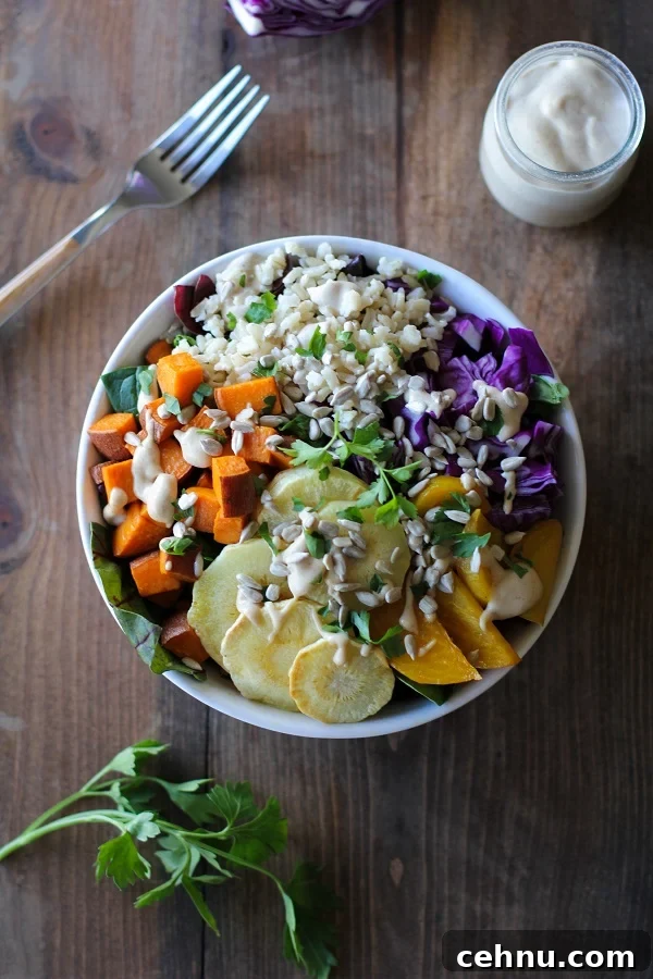 Roasted Root Vegetable Buddha Bowls with Maple Cinnamon Tahini Dressing