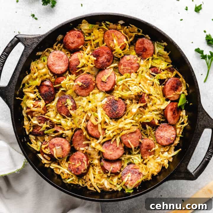 Top down view of sausage and fried cabbage in cast iron.