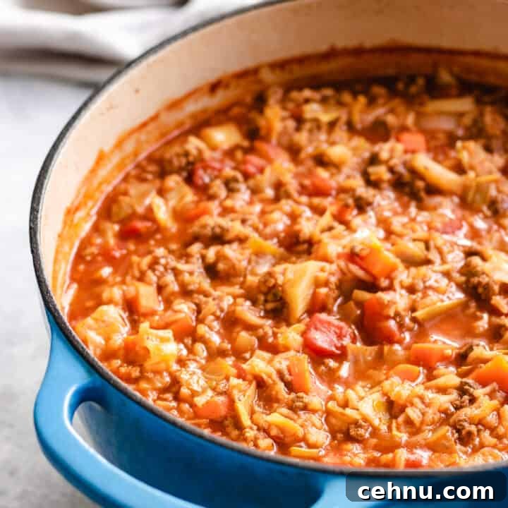 Close up view of cabbage roll soup in a blue pan.