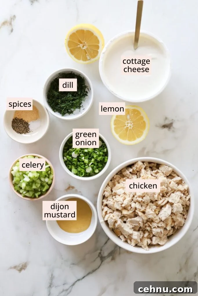 Ingredients for cottage cheese chicken salad on a countertop with labels.