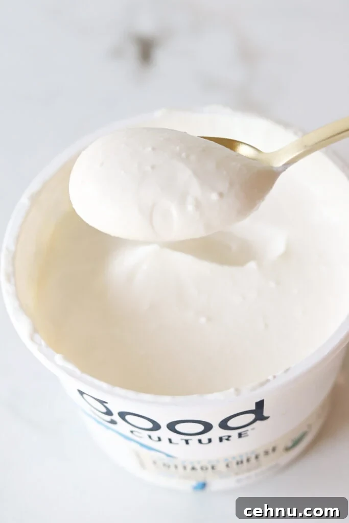 A spoonful of blended cottage cheese.