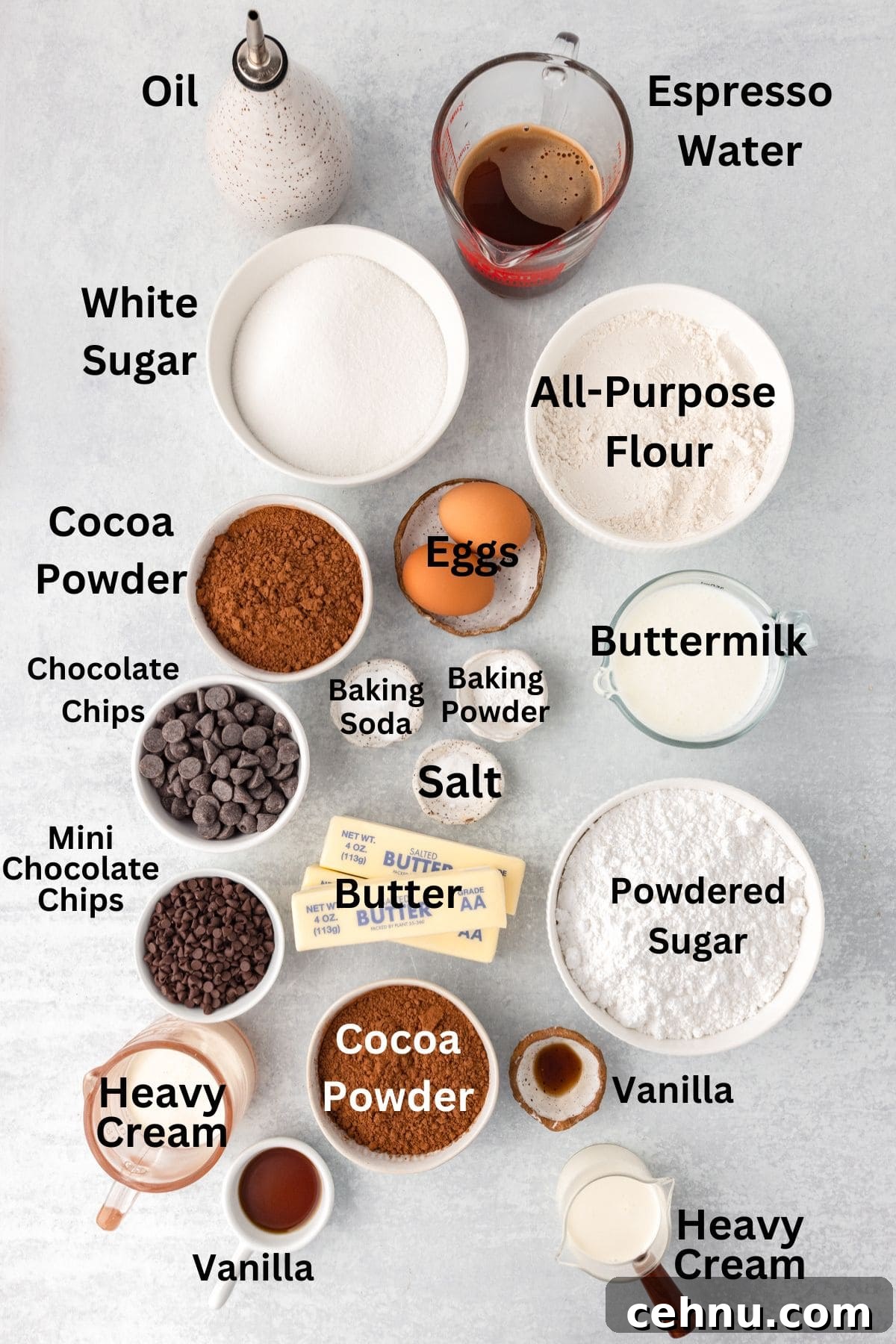 Decadent Triple Chocolate Cake Recipe 4 Various labeled ingredients for baking on a gray surface, including oil, espresso water, white sugar, all-purpose flour, eggs, buttermilk, cocoa powder, baking powder, baking soda, salt, butter, chocolate chips, mini chocolate chips, heavy cream, and vanilla.