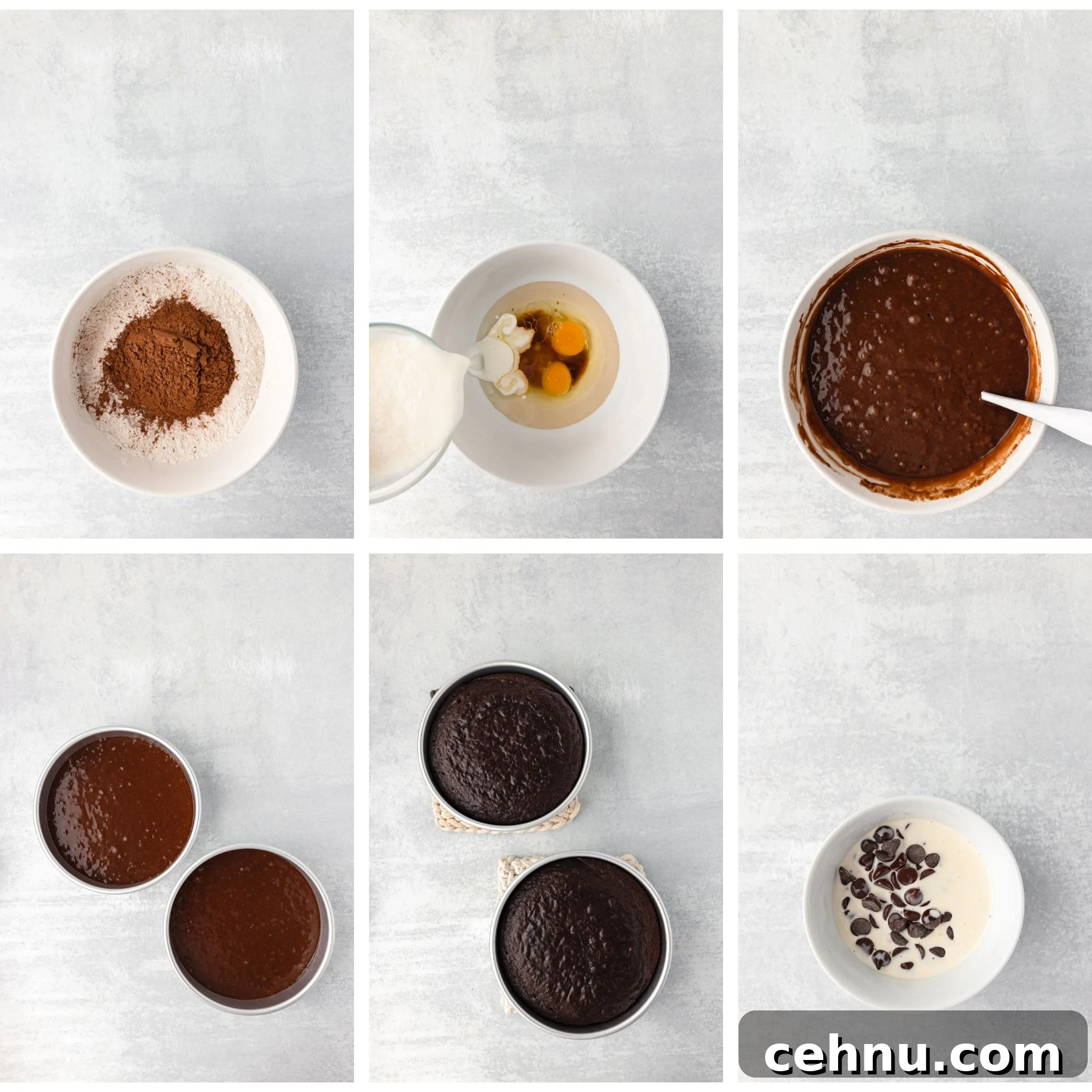 Decadent Triple Chocolate Cake Recipe 5 A 6-step photo collage showing cake preparation: 1) Dry ingredients in a bowl. 2) Eggs and milk added. 3) Mixed batter. 4) Batter in round pans. 5) Baked cakes. 6) Bowl of cream and chocolate chips.