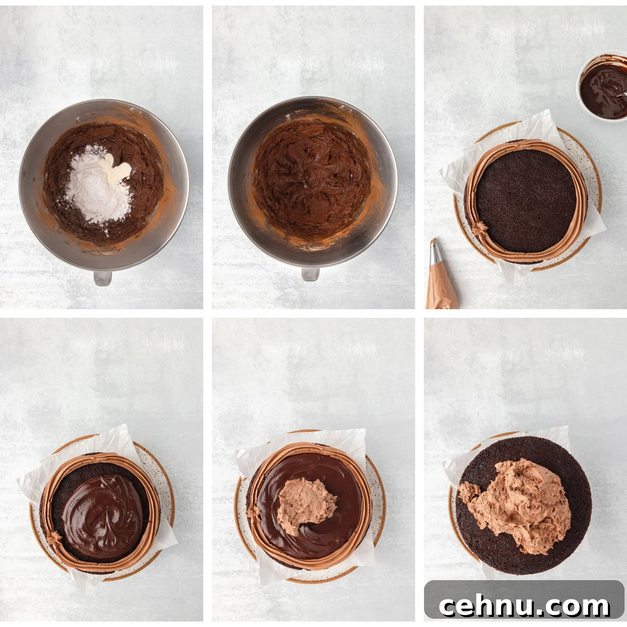 Decadent Triple Chocolate Cake Recipe 6 Step-by-step collage showing the process of making a layered chocolate cake. Includes mixing batter, baked cake layers, spreading chocolate icing, and adding frosting between layers, with a pastry bag nearby.
